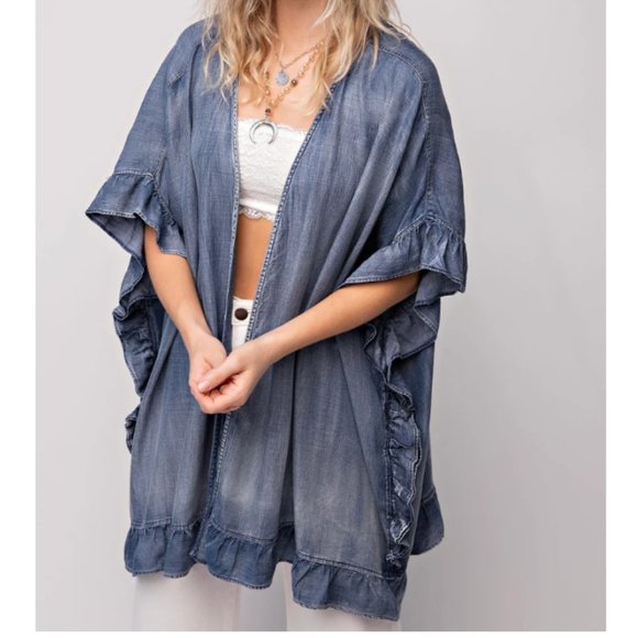 easel Tops Easel Chambray Washed Denim Ruffle Kimono Lagenlook